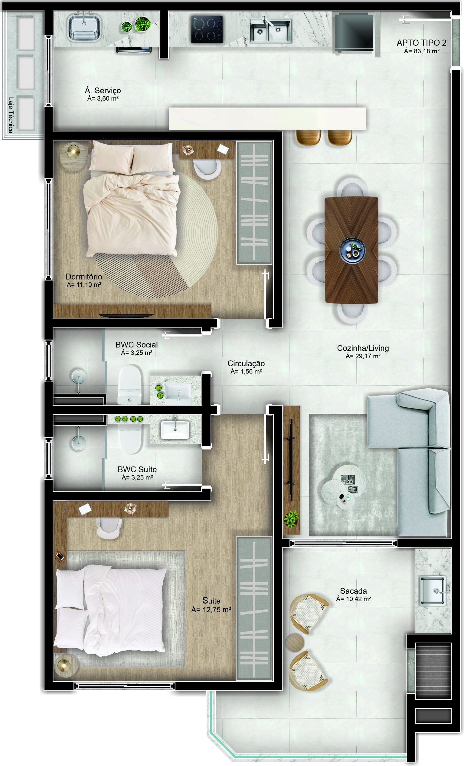 Planta Tipo 2, 83 m² do Eleganza Tower