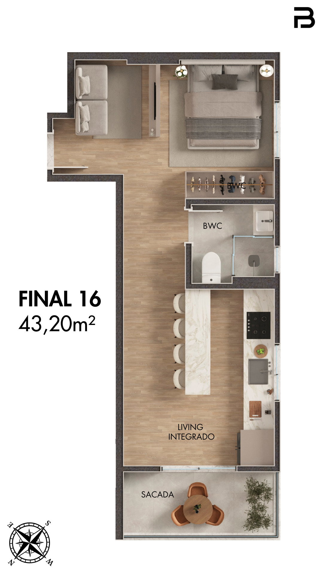 Planta Final 16, 43 m² do Breeze Towers