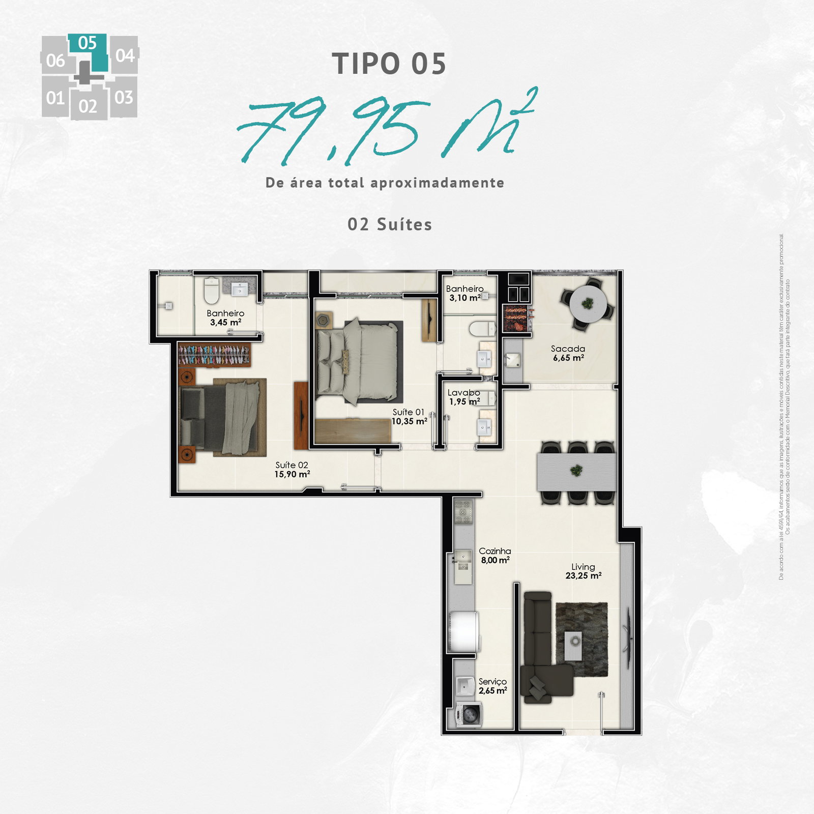 Planta Tipo 05, 2 suítes · 80 m² do Fa Bene Residenza