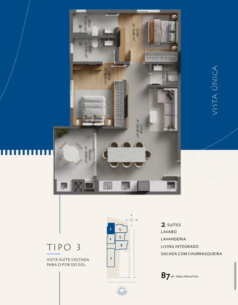 Planta Tipo 3, 2 suítes · 87 m² do Ametisst