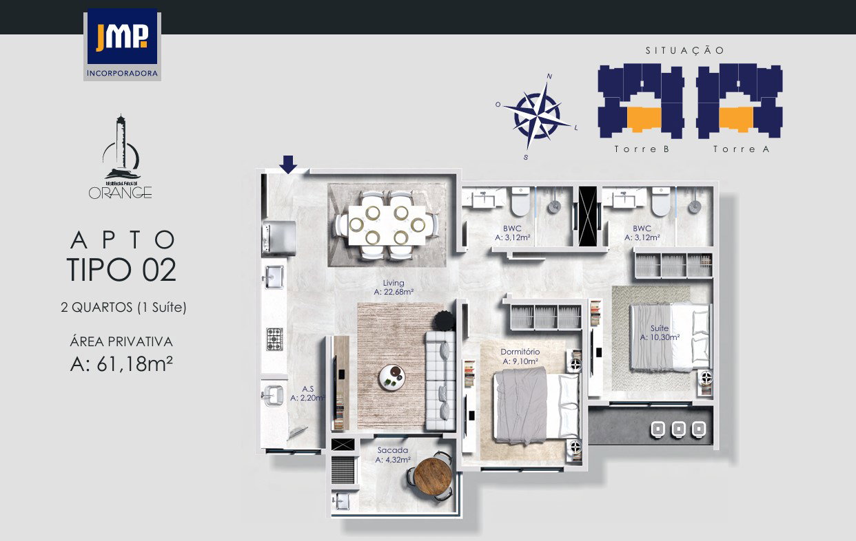Planta Tipo 02, 2 dormitórios · 1 suíte · 61 m² do Farol de Orange