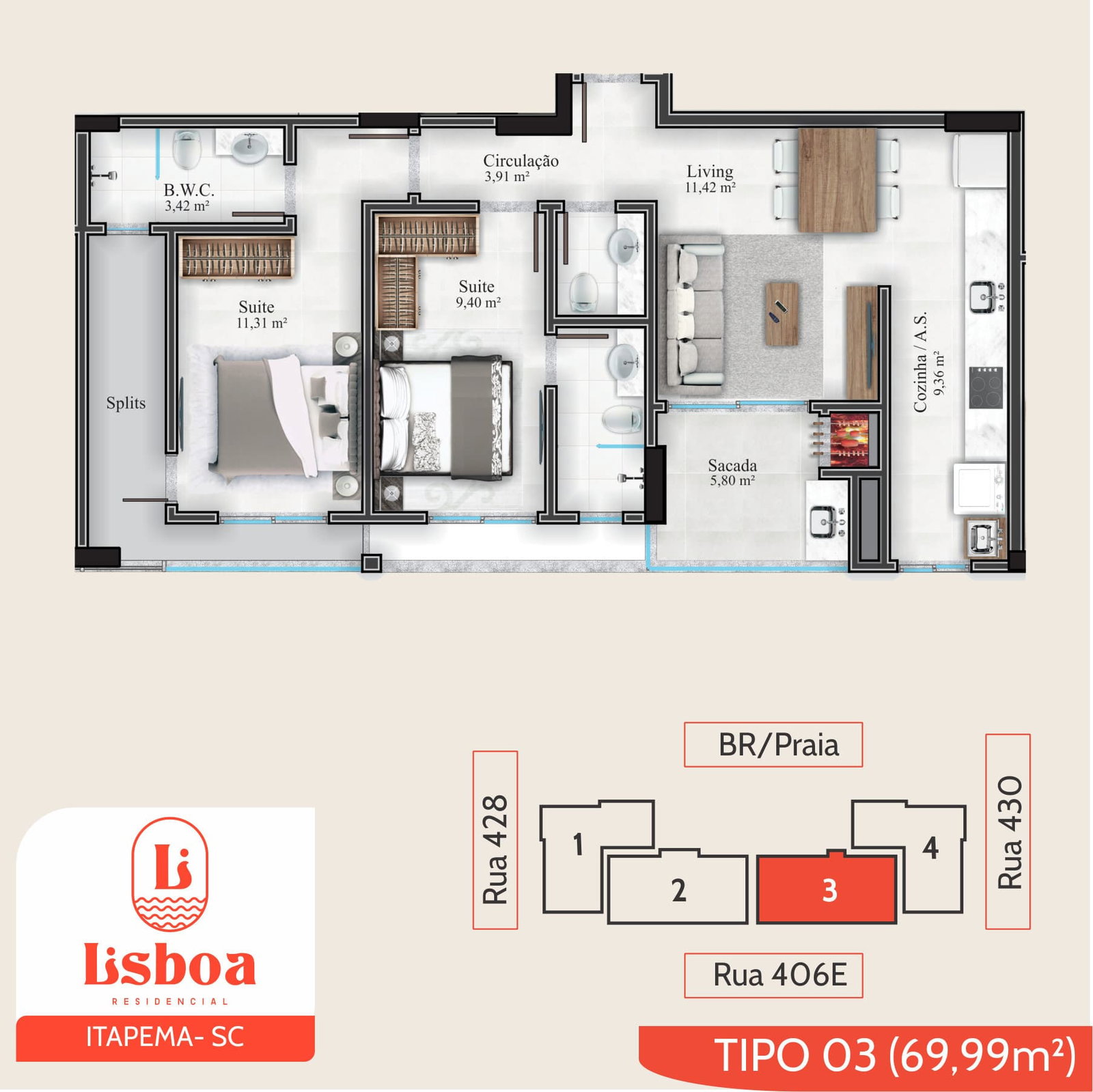 Planta Tipo 03, 70 m² do Lisboa Residencial