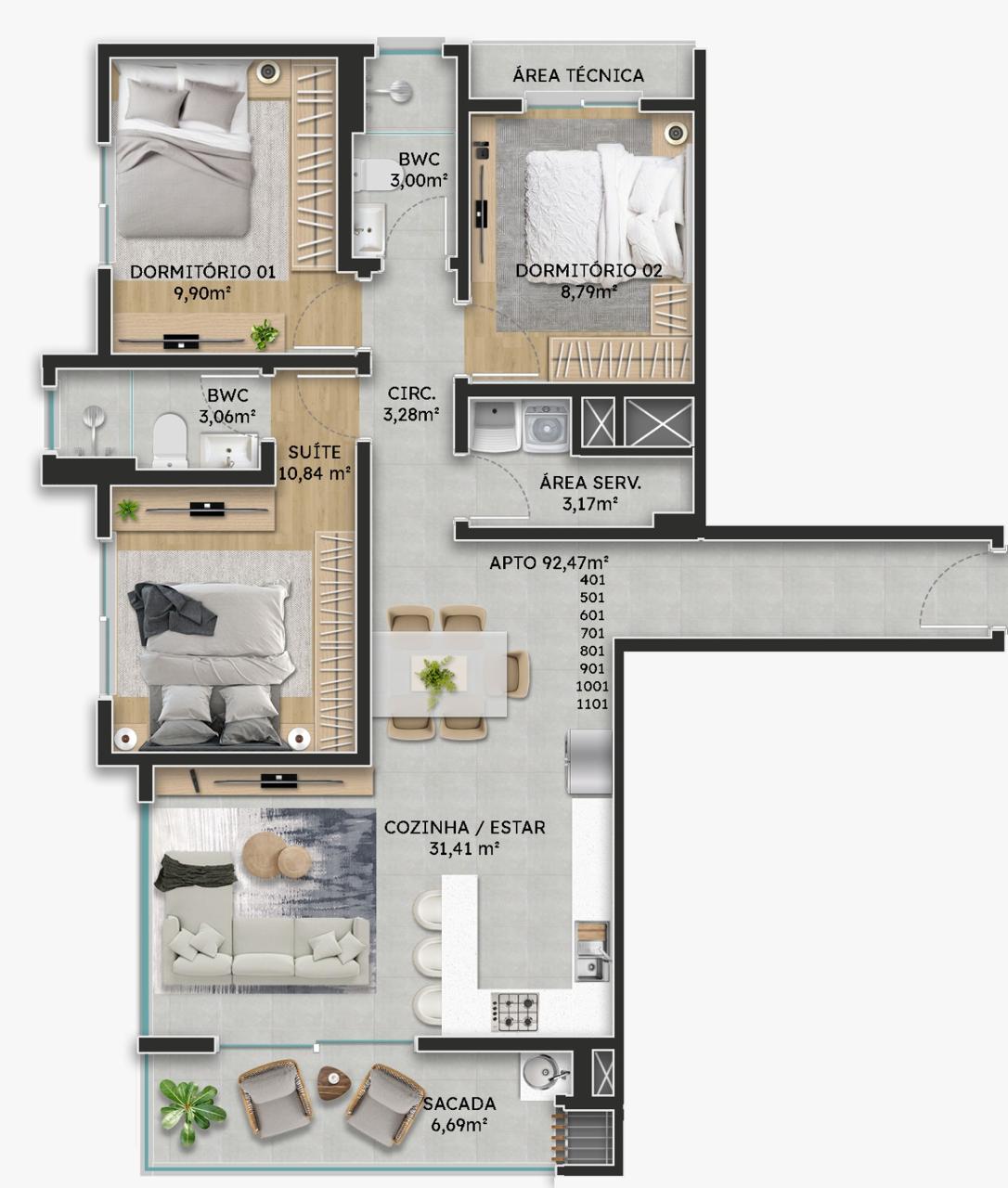 Planta Apto 92,47m², 92 m² do Green Coast