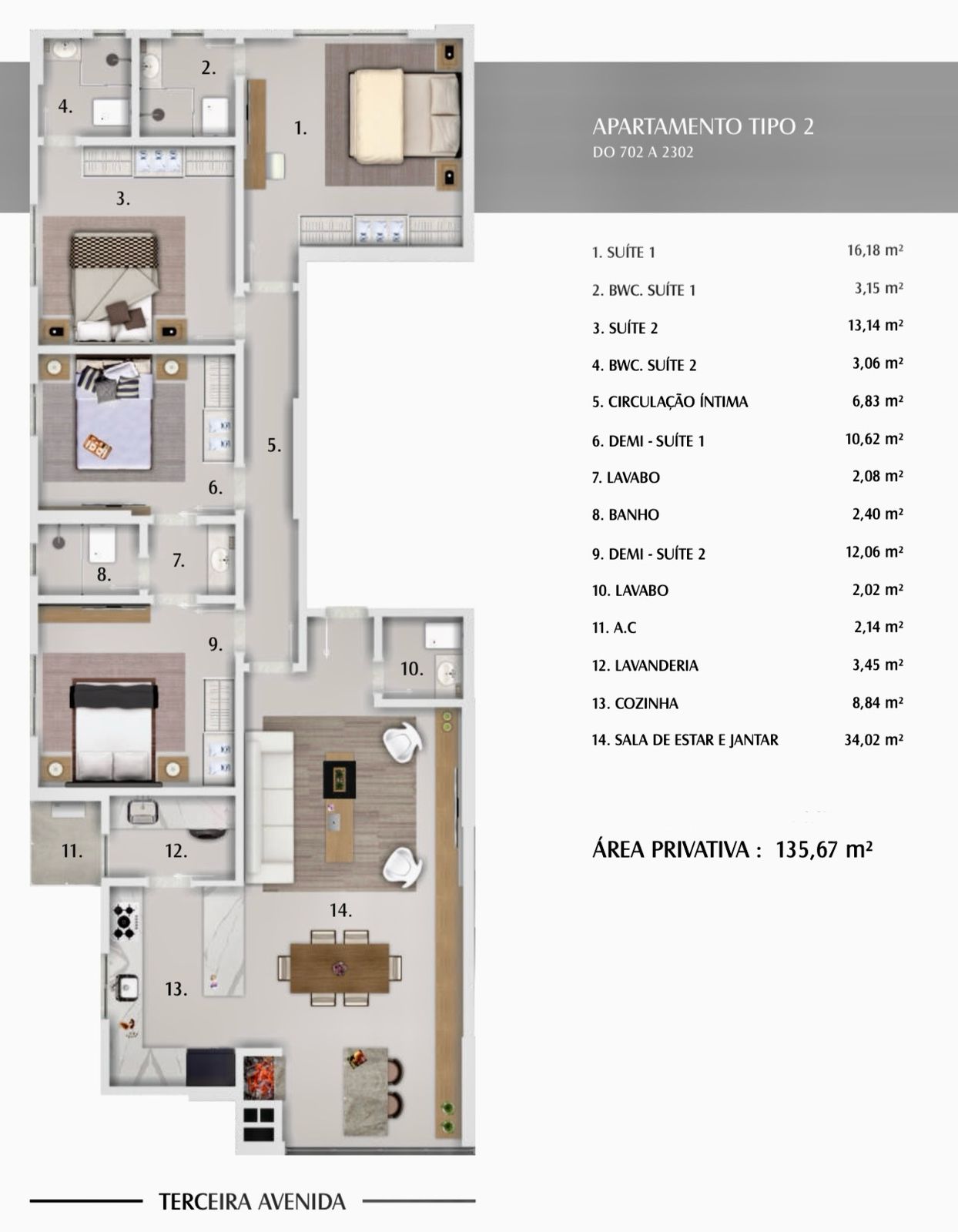 Planta Tipo 2, 136 m² do Farol de Valença