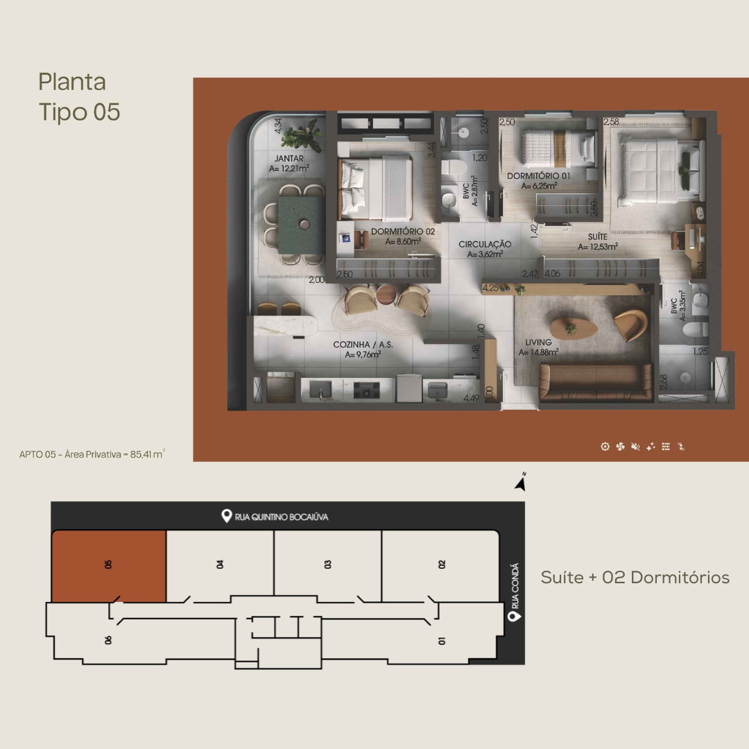 Planta Tipo 05, 3 dormitórios · 1 suíte · 85 m² do Fare