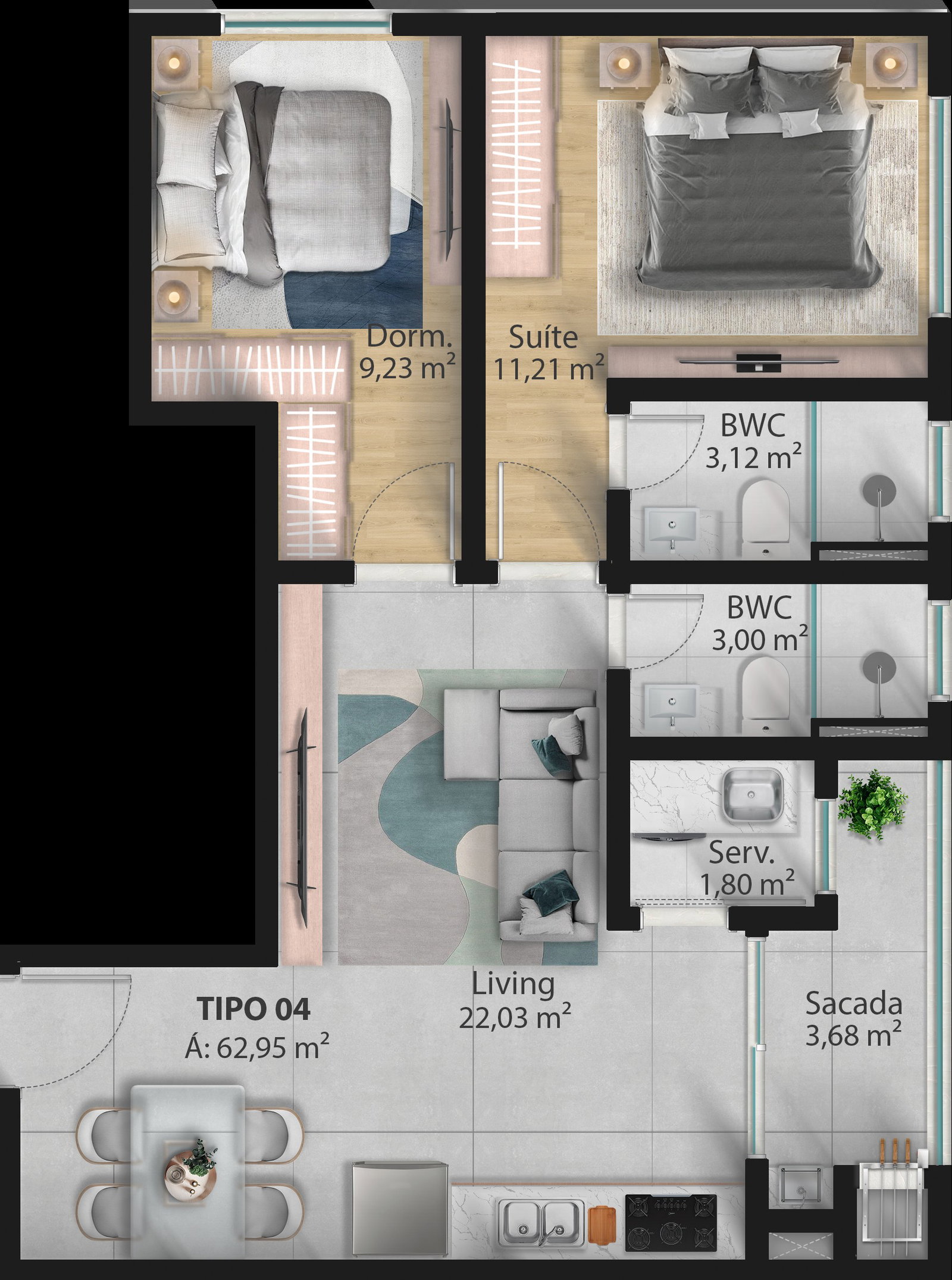 Planta Tipo 04, 63 m² do Infinity Residence