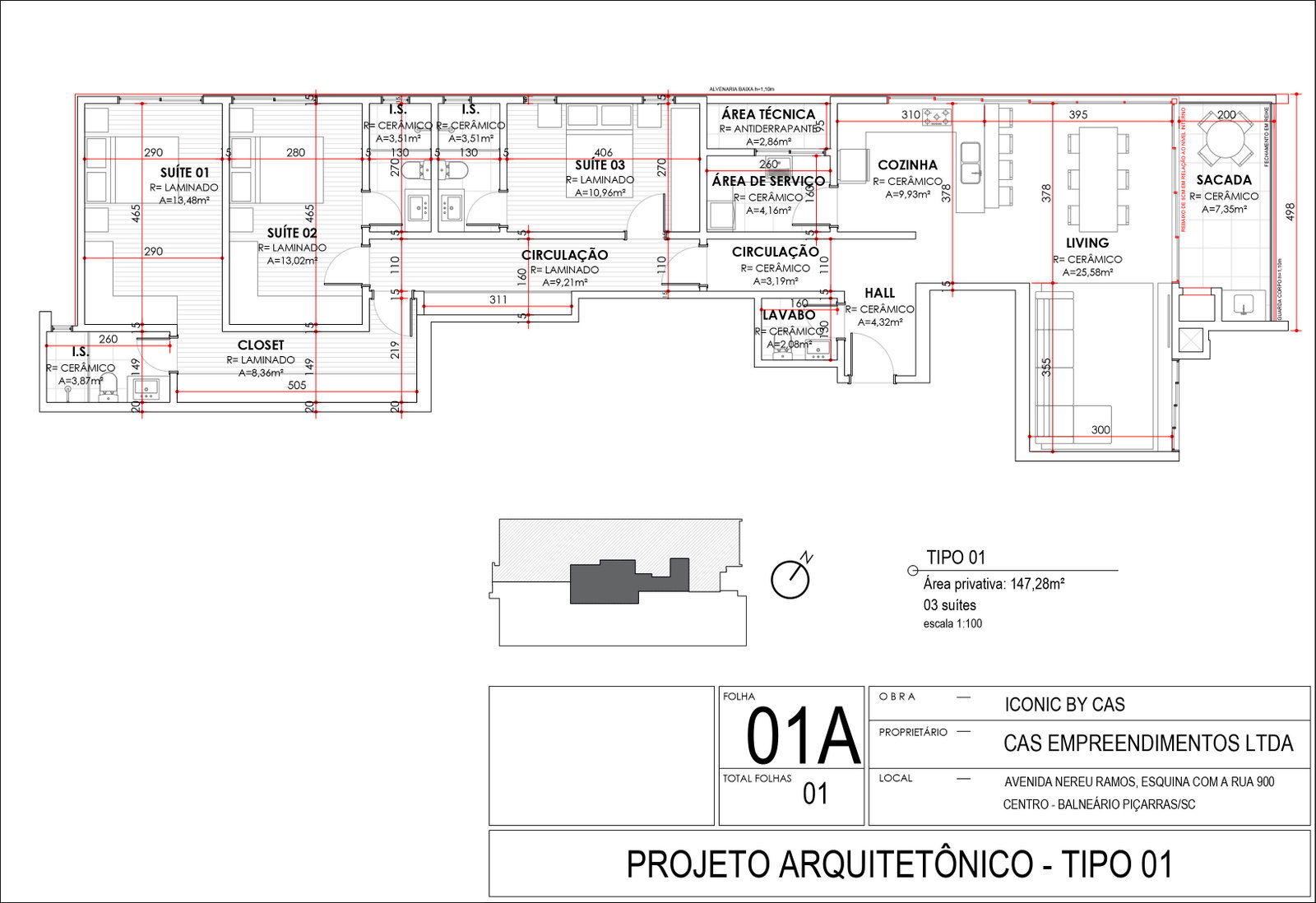 Planta Tipo 01, 3 suítes · 147 m² do Iconic