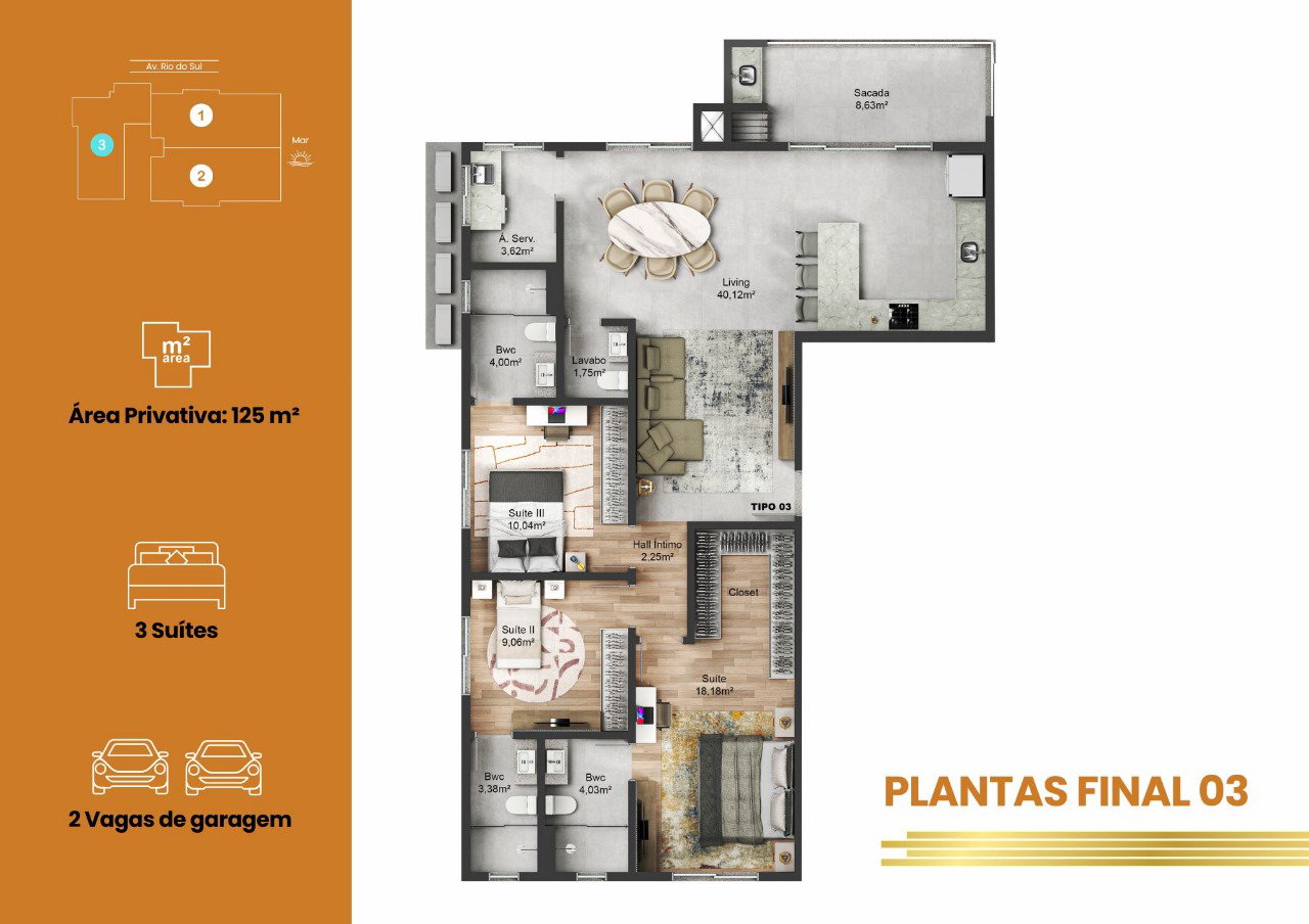 Planta Final 03, 3 suítes · 125 m² do Champs Elysees