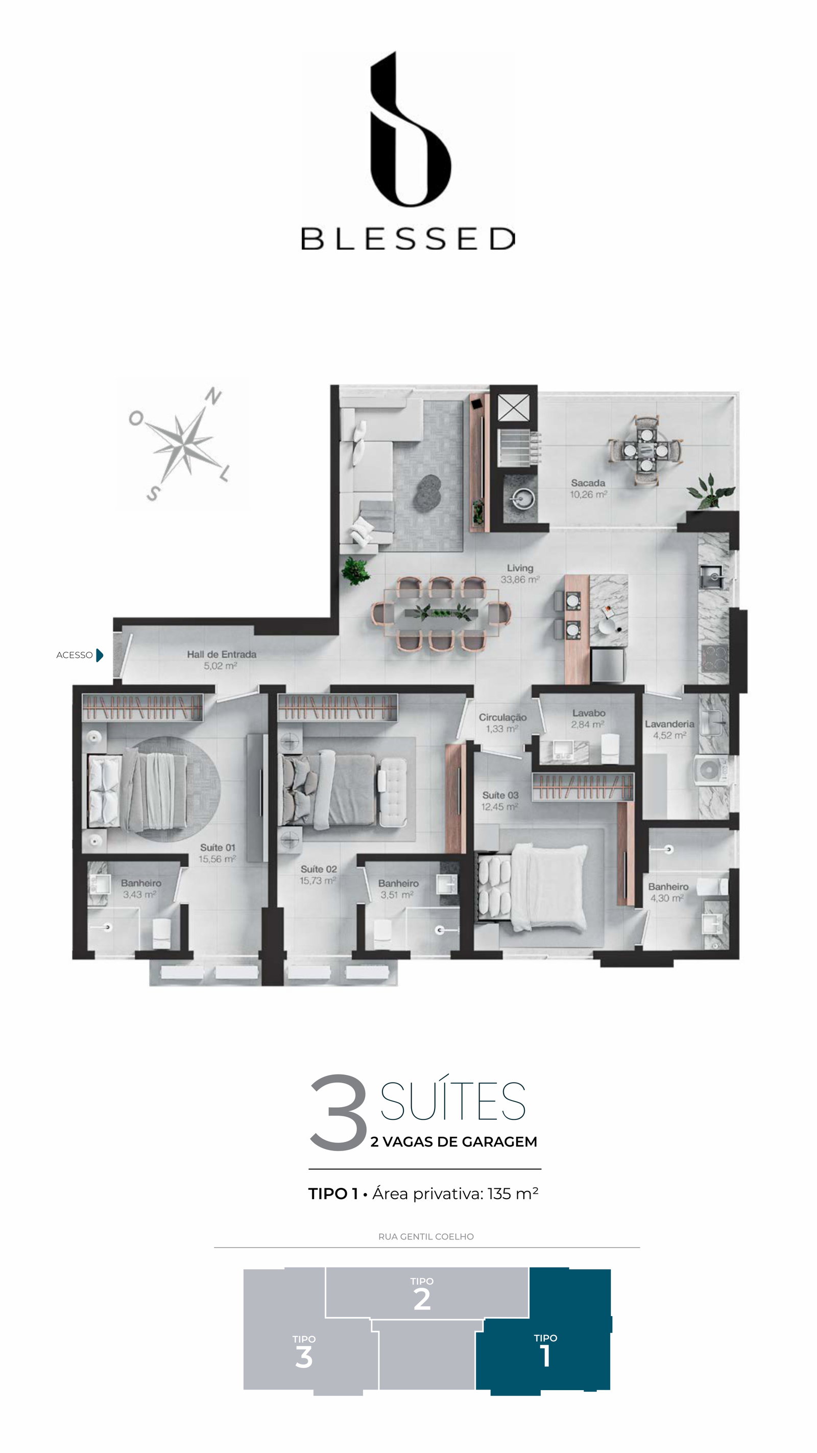 Planta Tipo 1, 3 suítes · 135 m² do Blessed