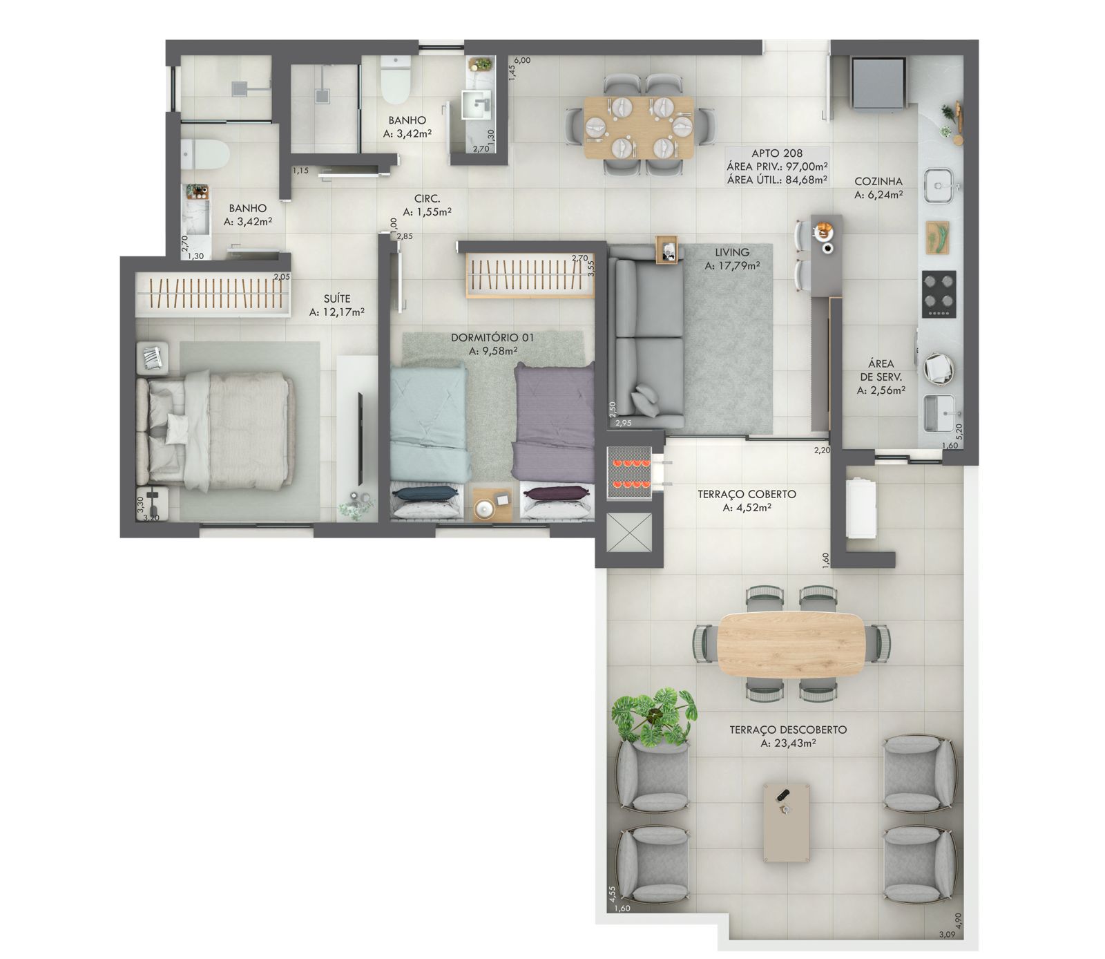 Planta Apto 208, 97 m² do Gran Michel Residence