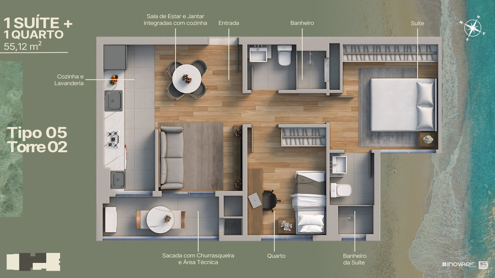 Planta Tipo 05 · Torre 2, 2 dormitórios · 1 suíte · 55 m² do Marine Itajuba