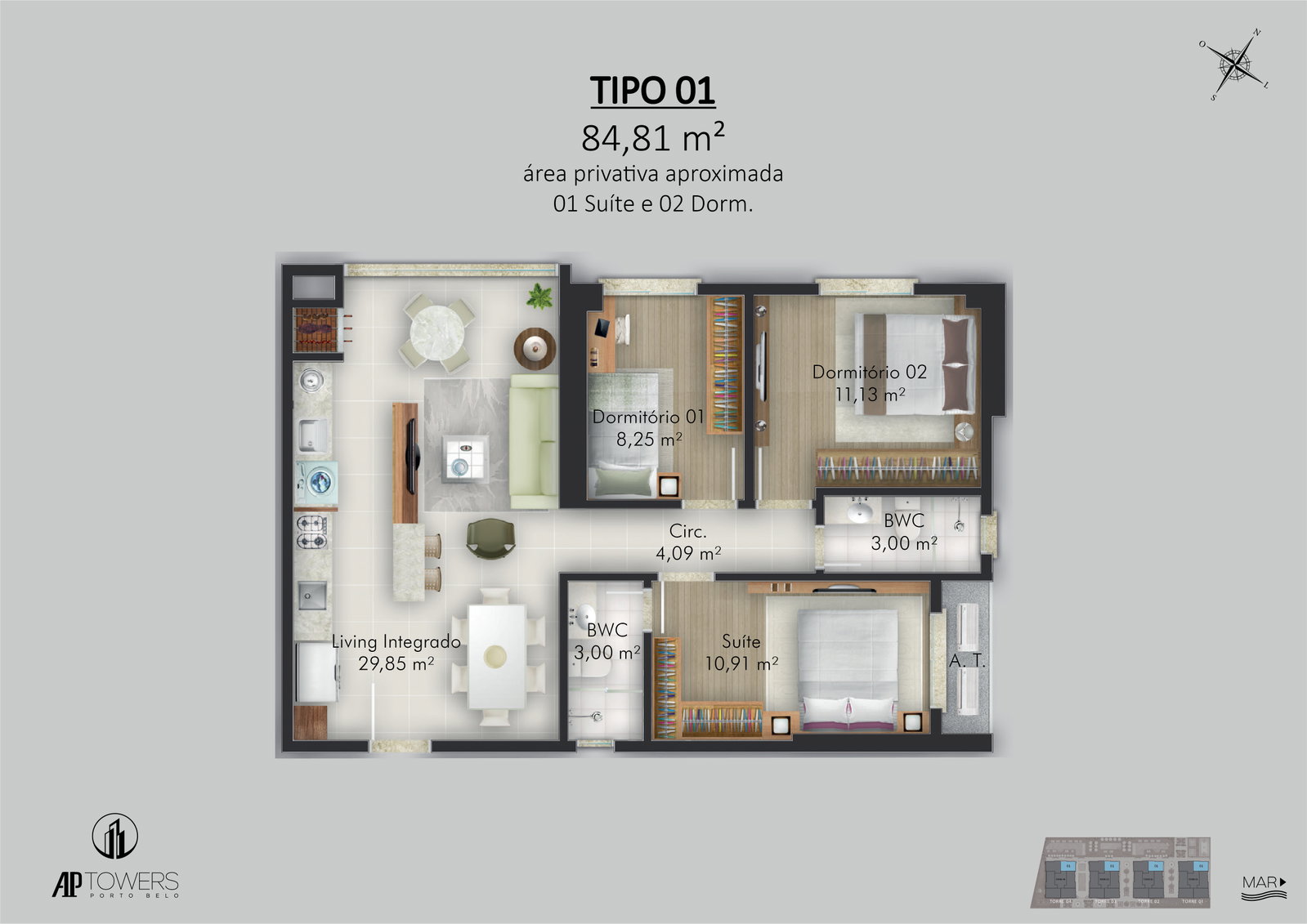 Planta Tipo 01, 3 dormitórios · 1 suíte · 85 m² do AP Towers Porto Belo - Fase 01