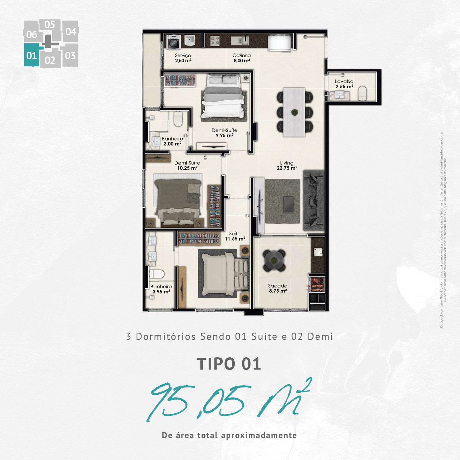 Planta Tipo 01, 3 dormitórios · 1 suíte · 95 m² do Fa Bene Residenza