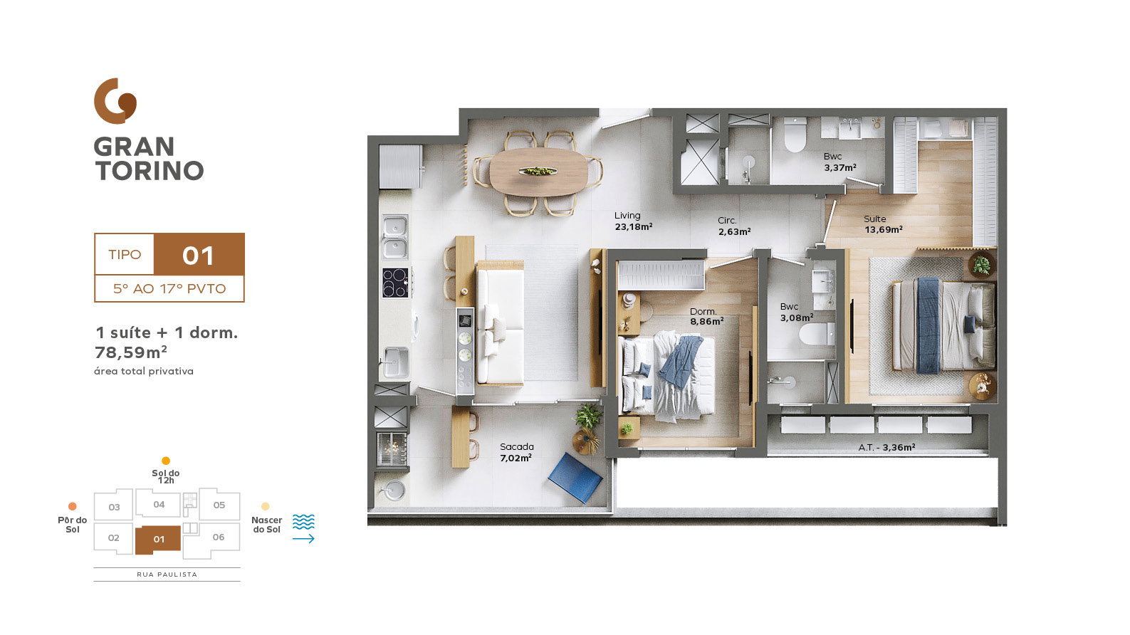 Planta Tipo 01, 2 dormitórios · 1 suíte · 79 m² do Gran Torino