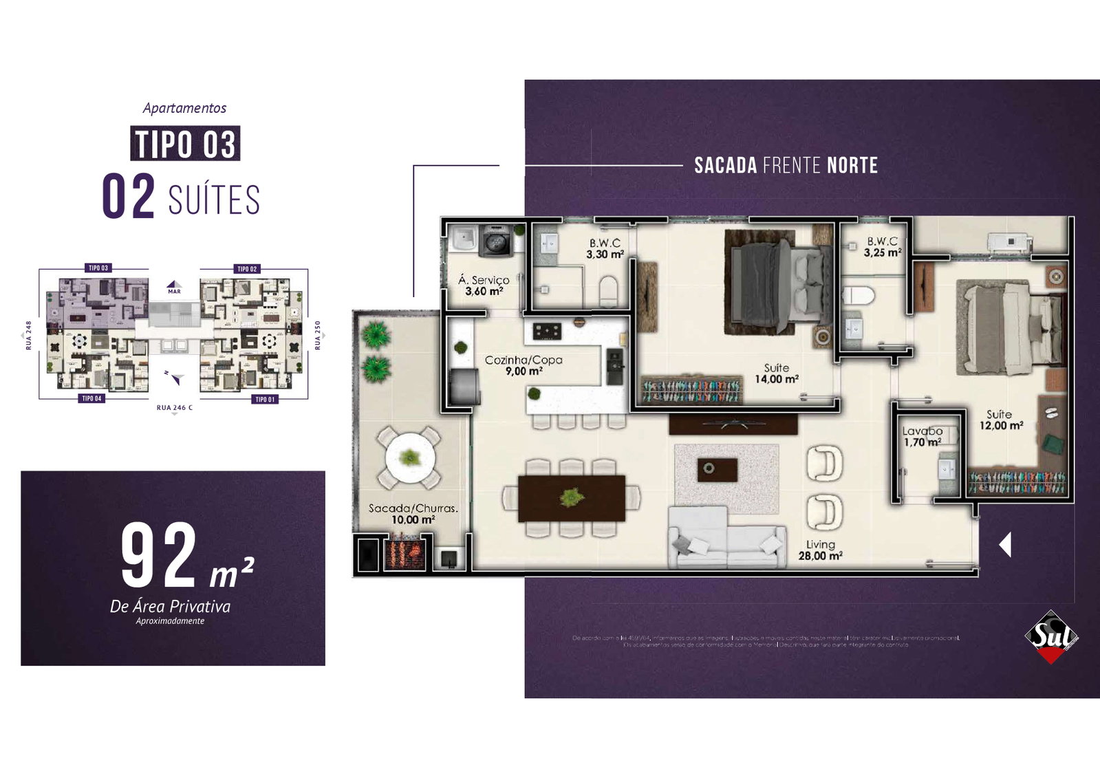Planta Tipo 03, 2 suítes · 92 m² do La Gioia