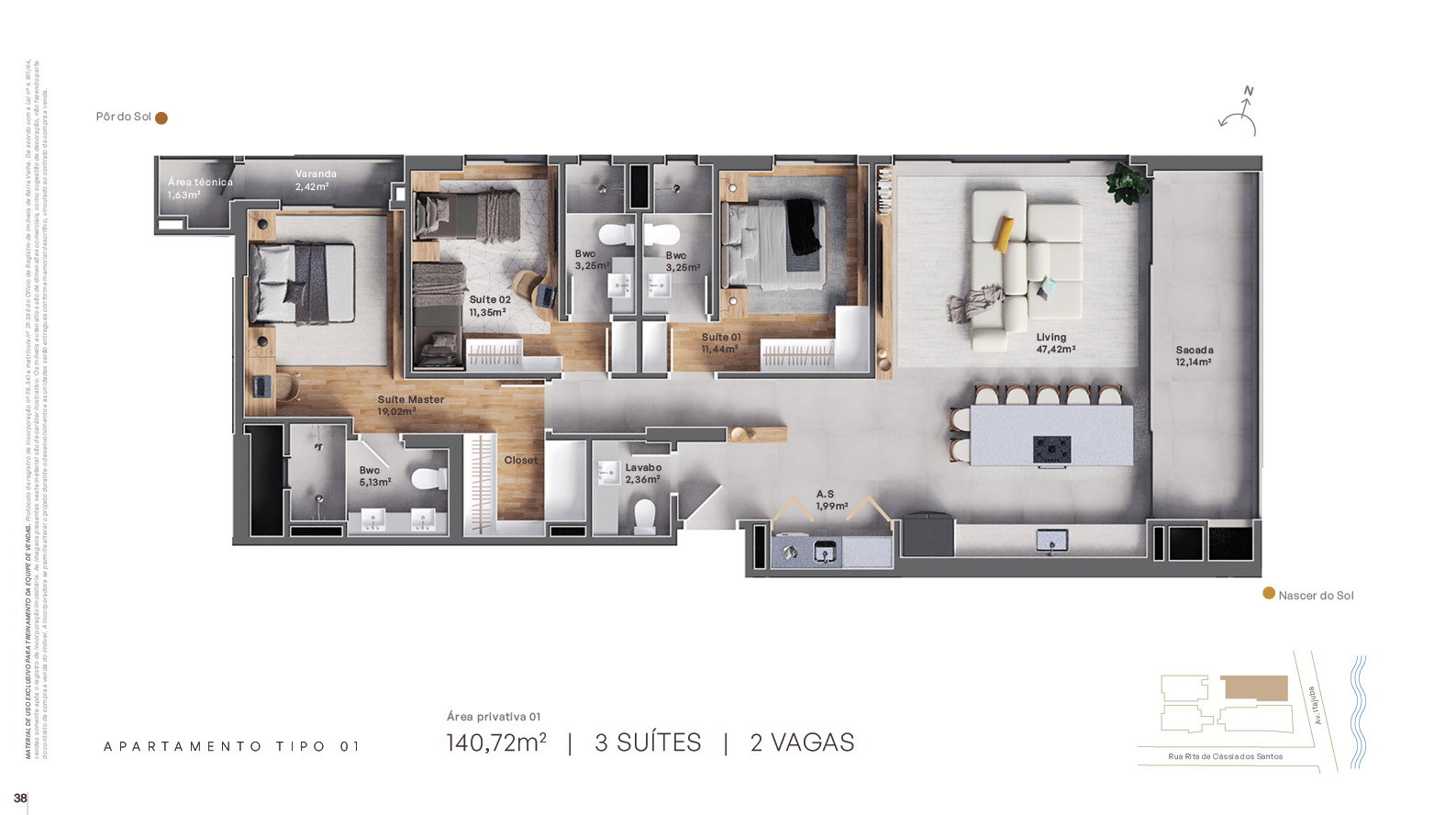 Planta Tipo 01, 3 suítes · 141 m² do Grant Vista