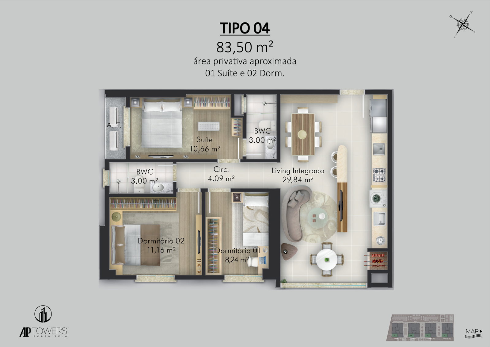 Planta Tipo 04, 3 dormitórios · 1 suíte · 84 m² do AP Towers Porto Belo - Fase 01