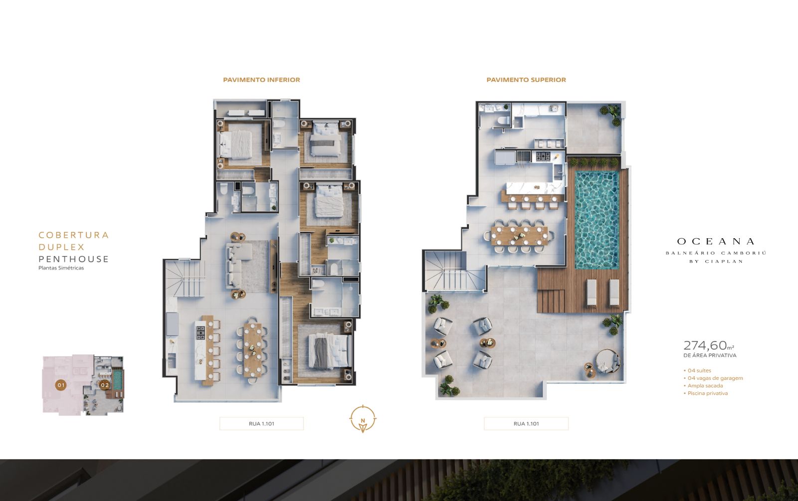 Planta Cobertura Duplex Penthouse, 4 suítes · 275 m² do Edifício Oceana Residence