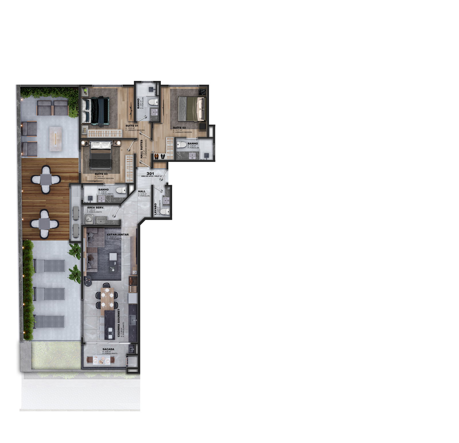 Planta Apto 301, 106 m² do Lê Vittá