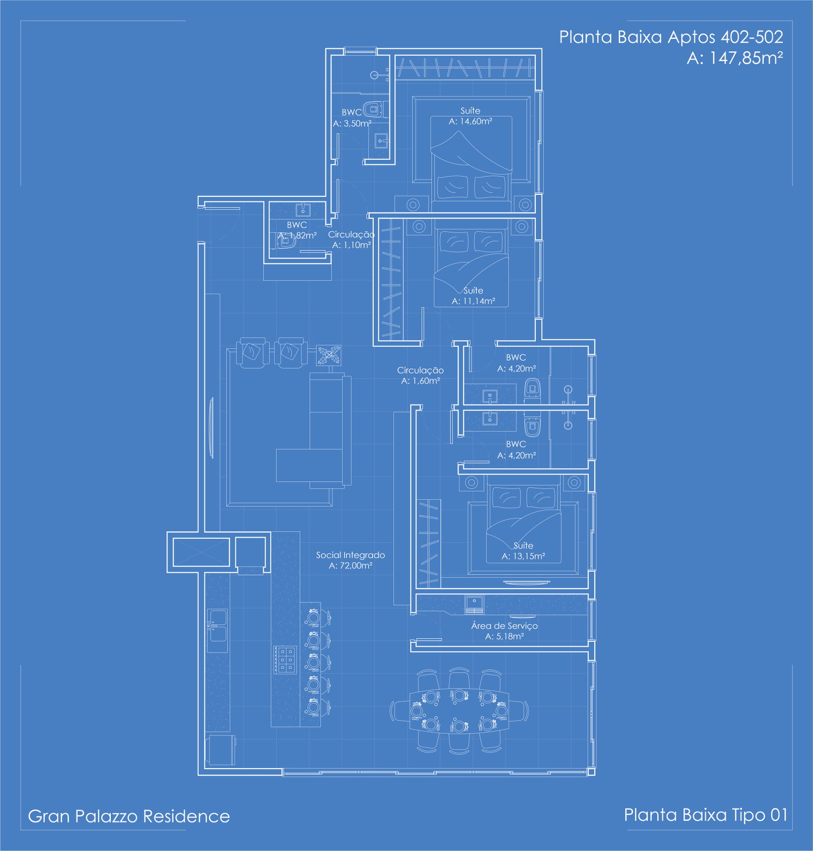 Planta Aptos 402-502, 148 m² do Gran Palazzo