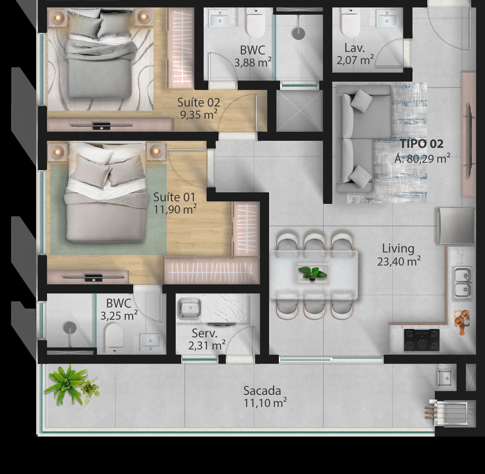 Planta Tipo 02, 80 m² do Infinity Residence