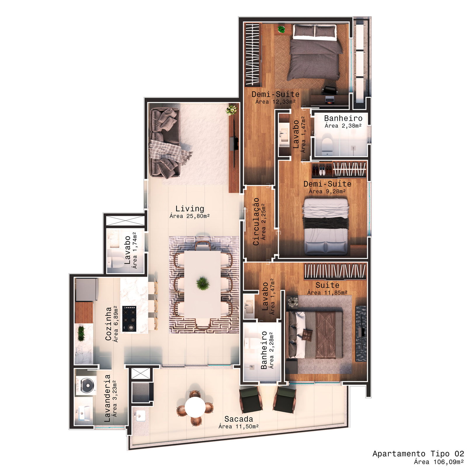 Planta Tipo 02, 106 m² do Belvedere