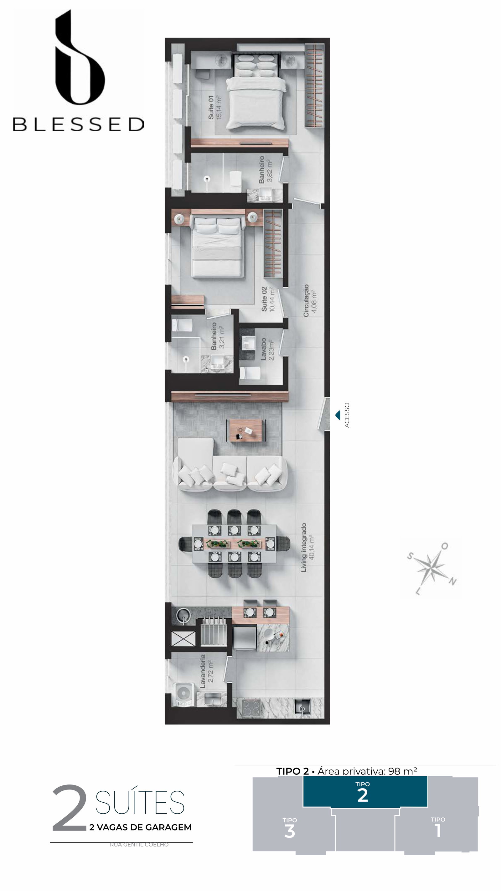 Planta Tipo 2, 2 suítes · 98 m² do Blessed
