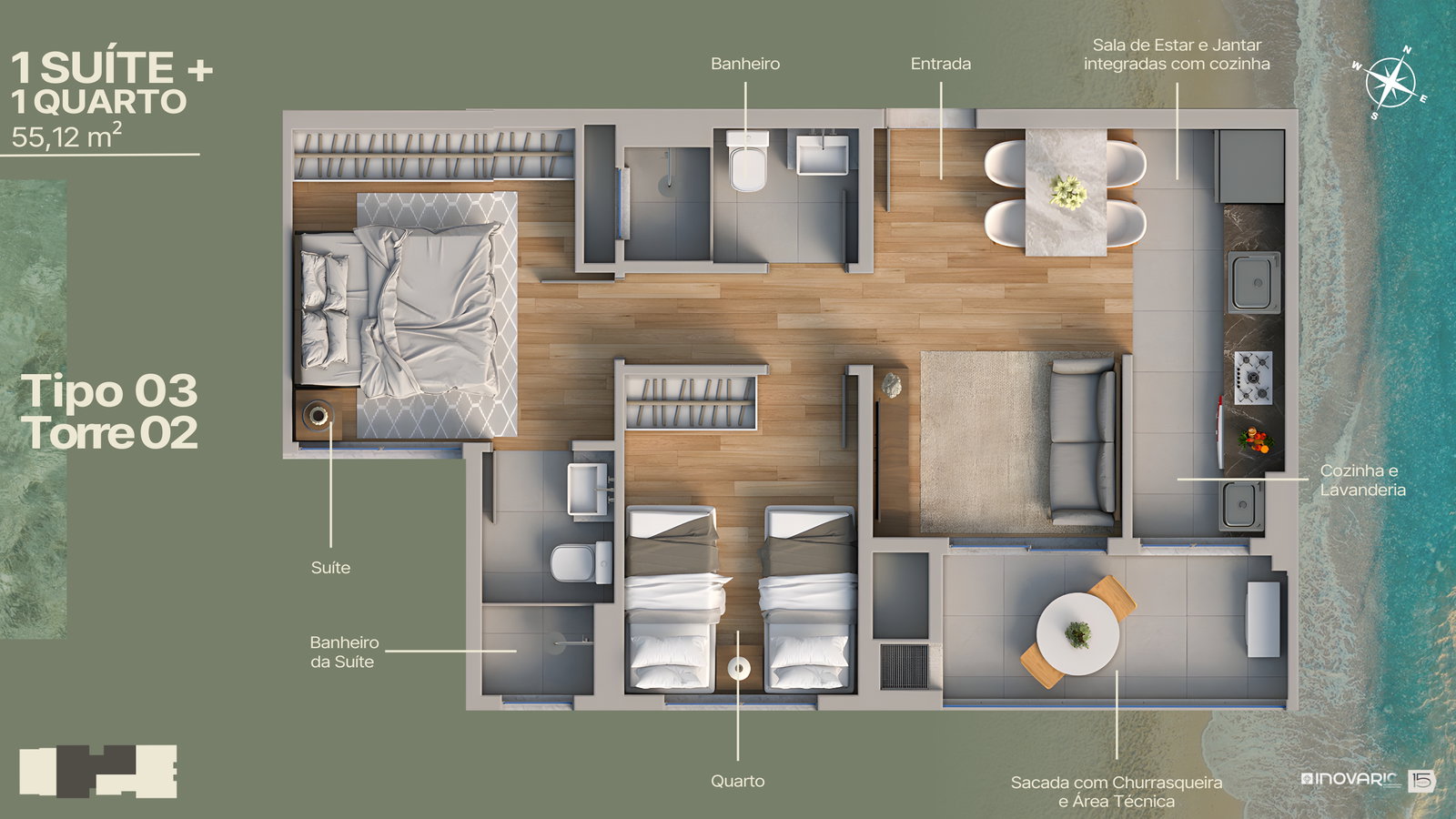 Planta Tipo 03 · Torre 2, 2 dormitórios · 1 suíte · 55 m² do Marine Itajuba