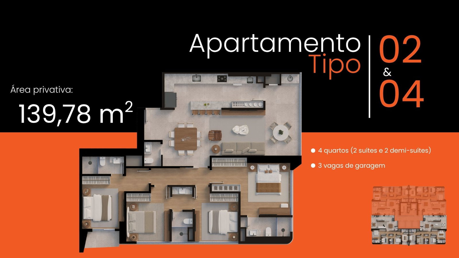 Planta Tipo 02 & 04, 4 dormitórios · 2 suítes · 140 m² do GT.Home | La Città