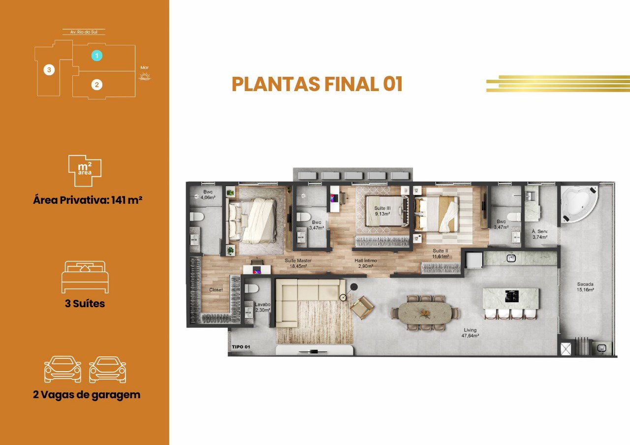 Planta Final 01, 3 suítes · 141 m² do Champs Elysees