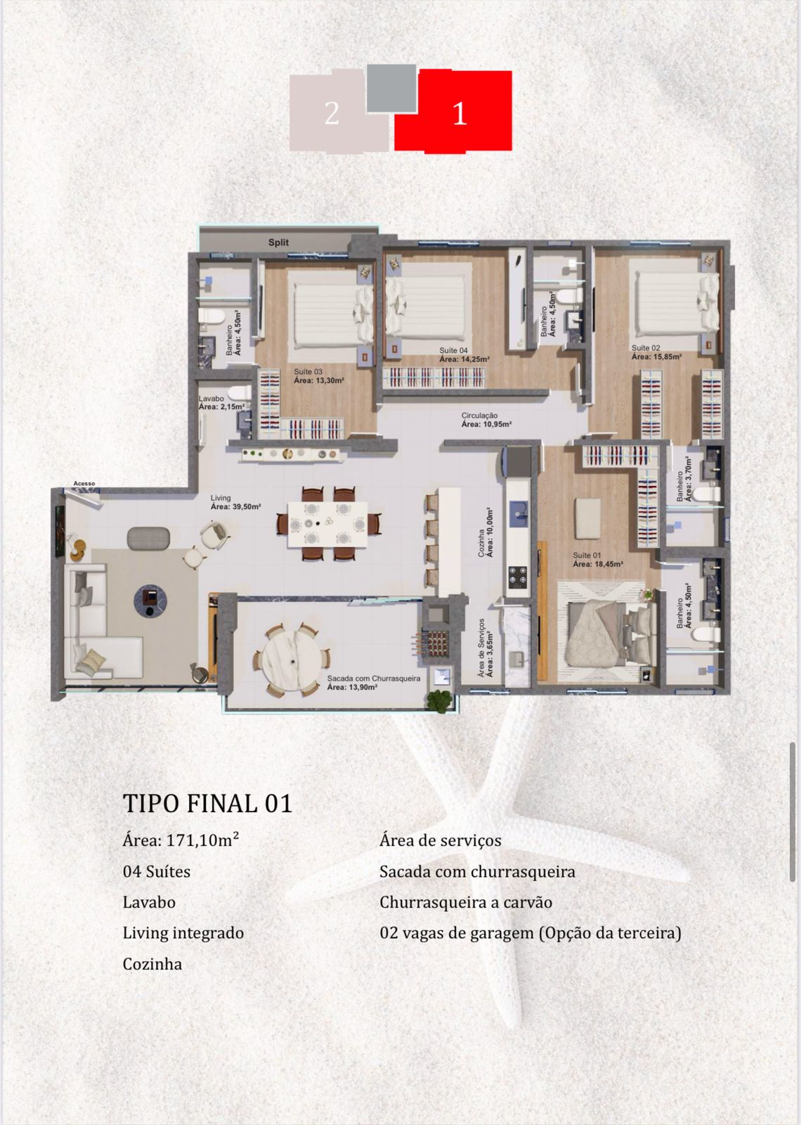 Planta Tipo Final 01, 4 suítes · 171 m² do Edir Russi Dellagnelo Residence