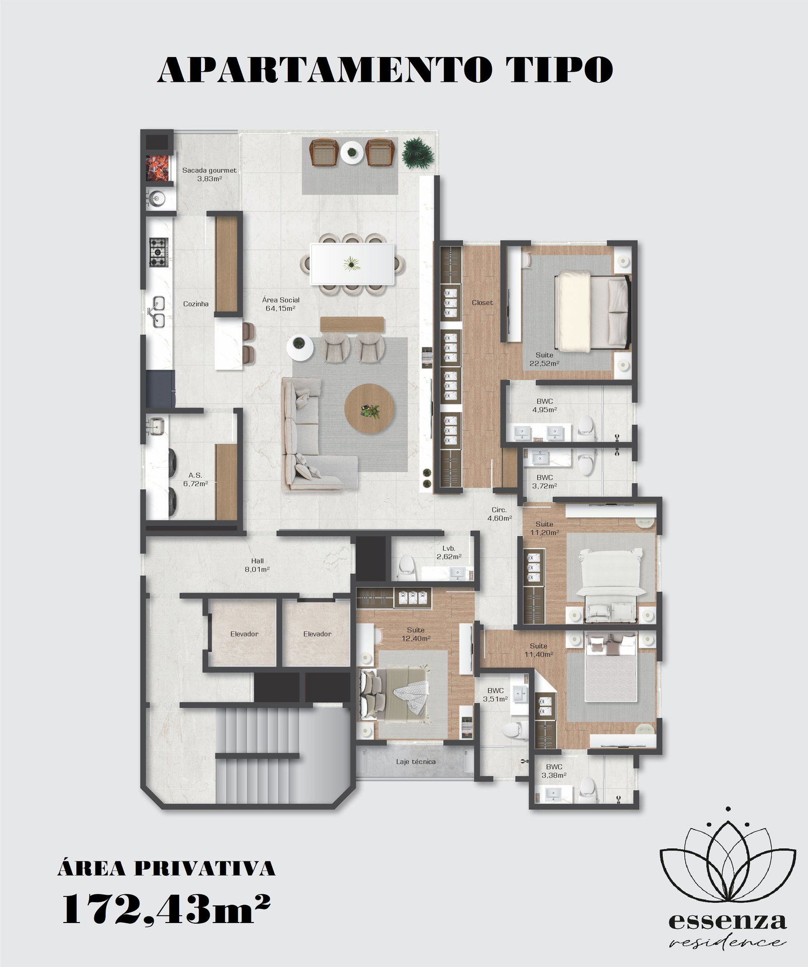 Planta Tipo, 172 m² do Essenza Residence