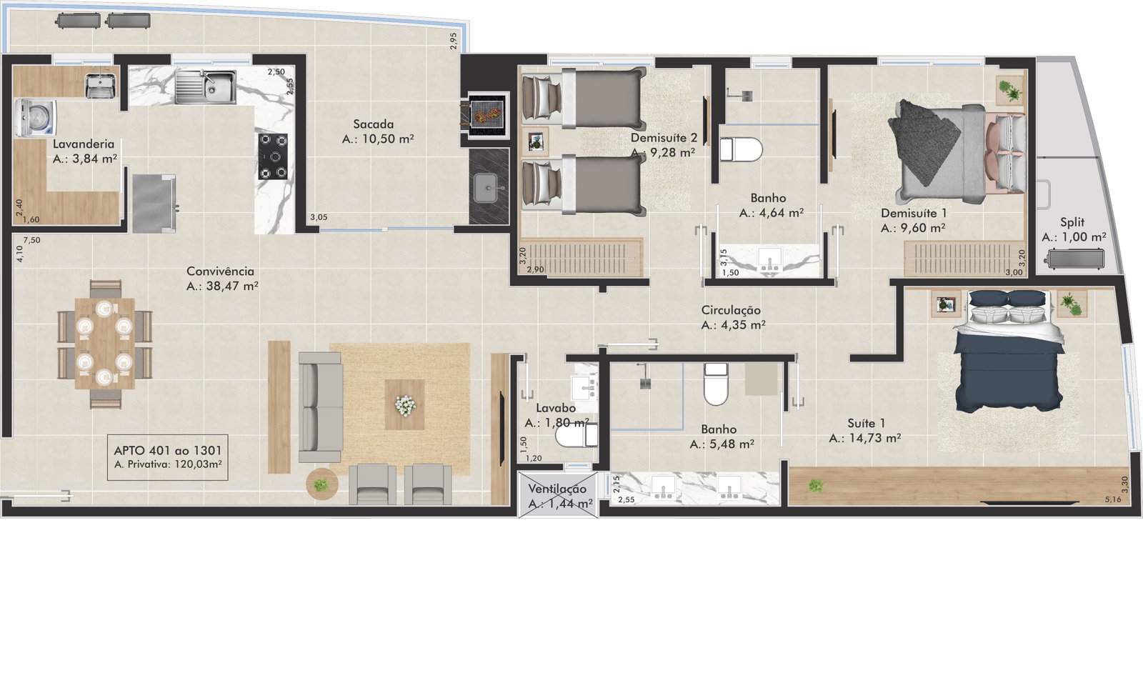 Planta Aptos 401 ao 1301, 120 m² do L'Essence Home Club