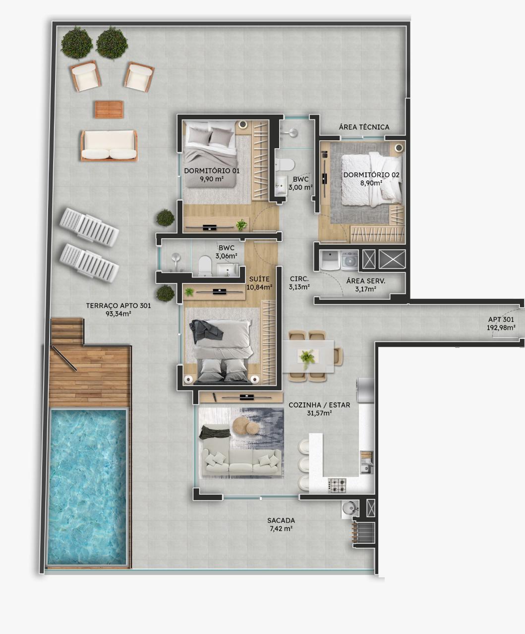 Planta Apto 301, 193 m² do Green Coast