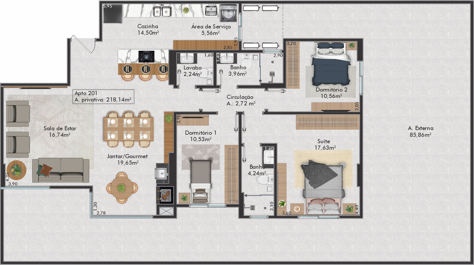 Planta Apto 201, 218 m² do Gran Palazzo Residence