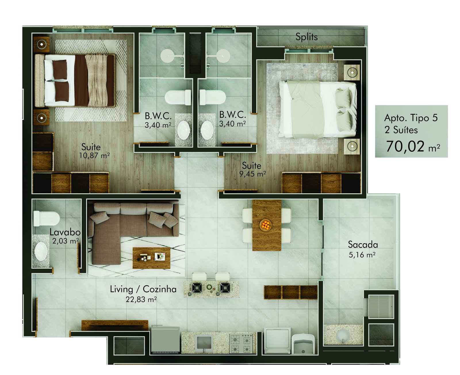 Planta Tipo 5, 2 suítes · 70 m² do Jardins de Sintra