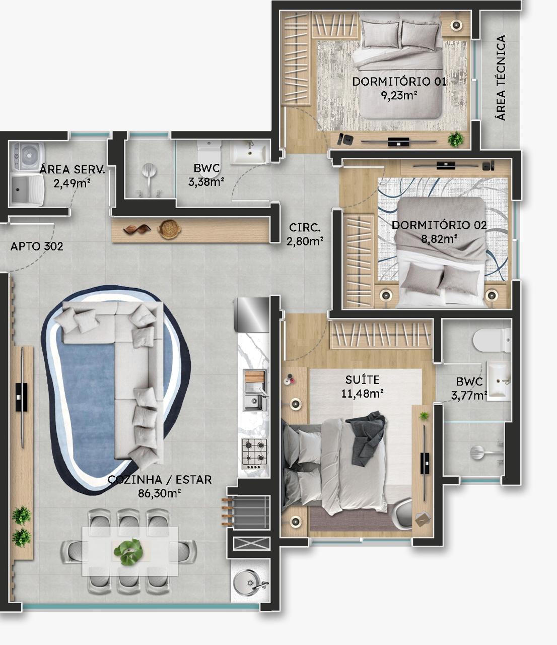 Planta Apto 302, 86 m² do Green Coast