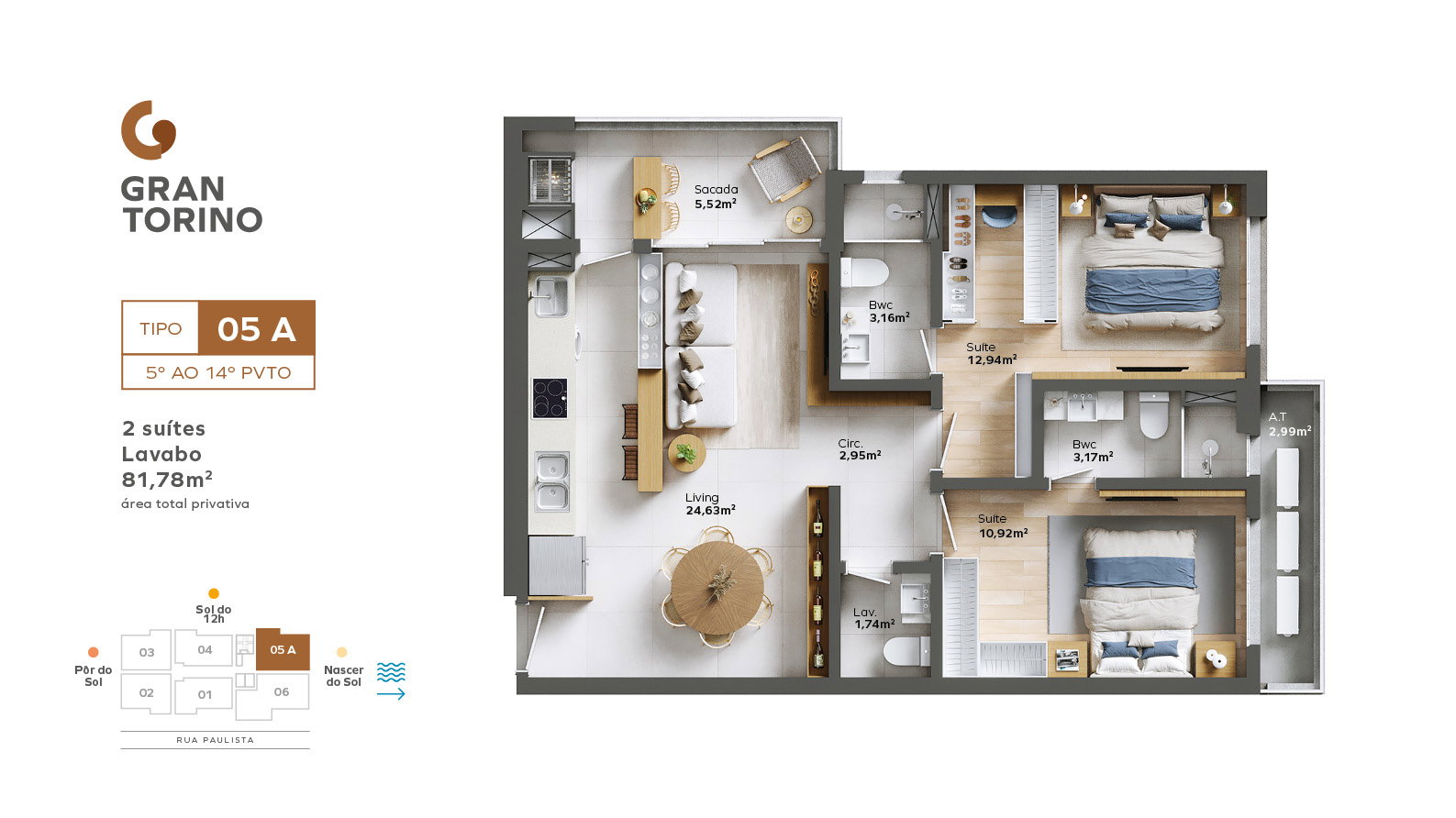 Planta Tipo 05 A, 2 suítes · 82 m² do Gran Torino