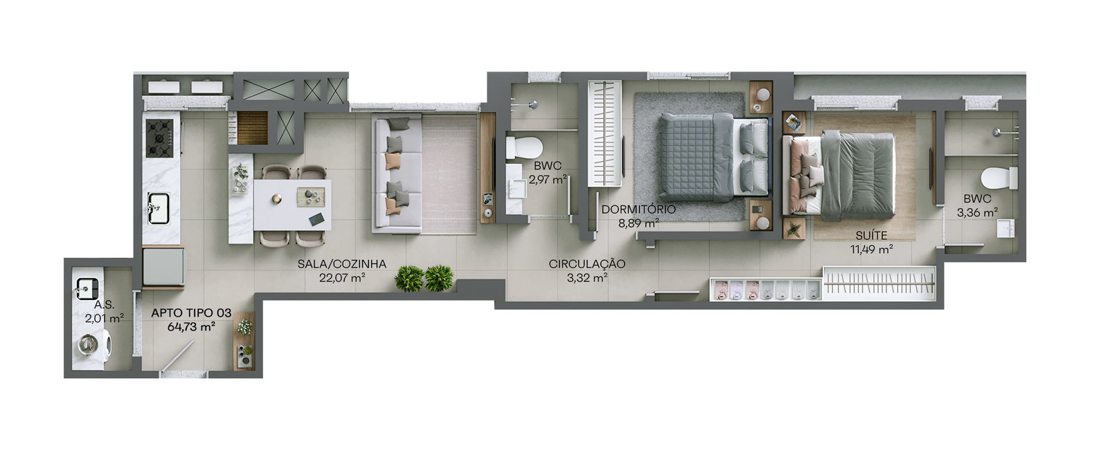 Planta Tipo 03, 65 m² do La Terrasse