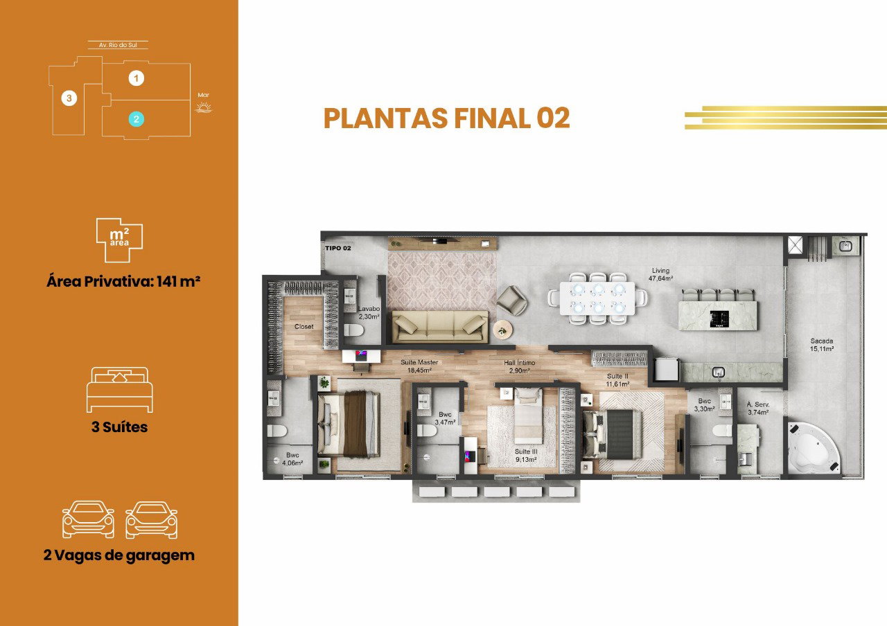 Planta Final 02, 3 suítes · 141 m² do Champs Elysees