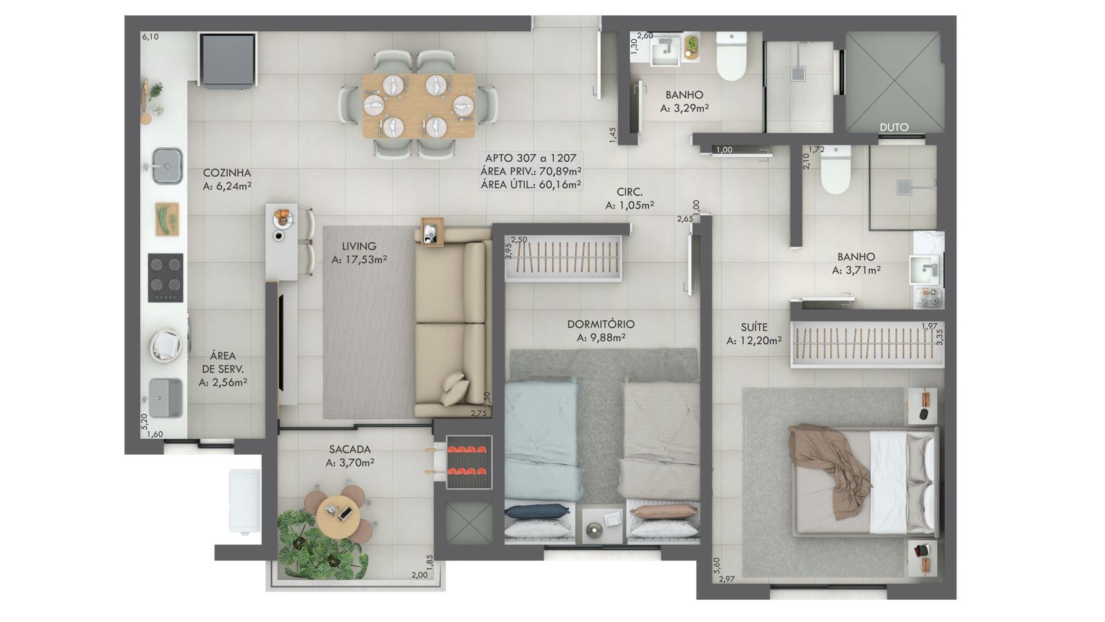 Planta Apto 307 a 1207, 71 m² do Gran Michel Residence