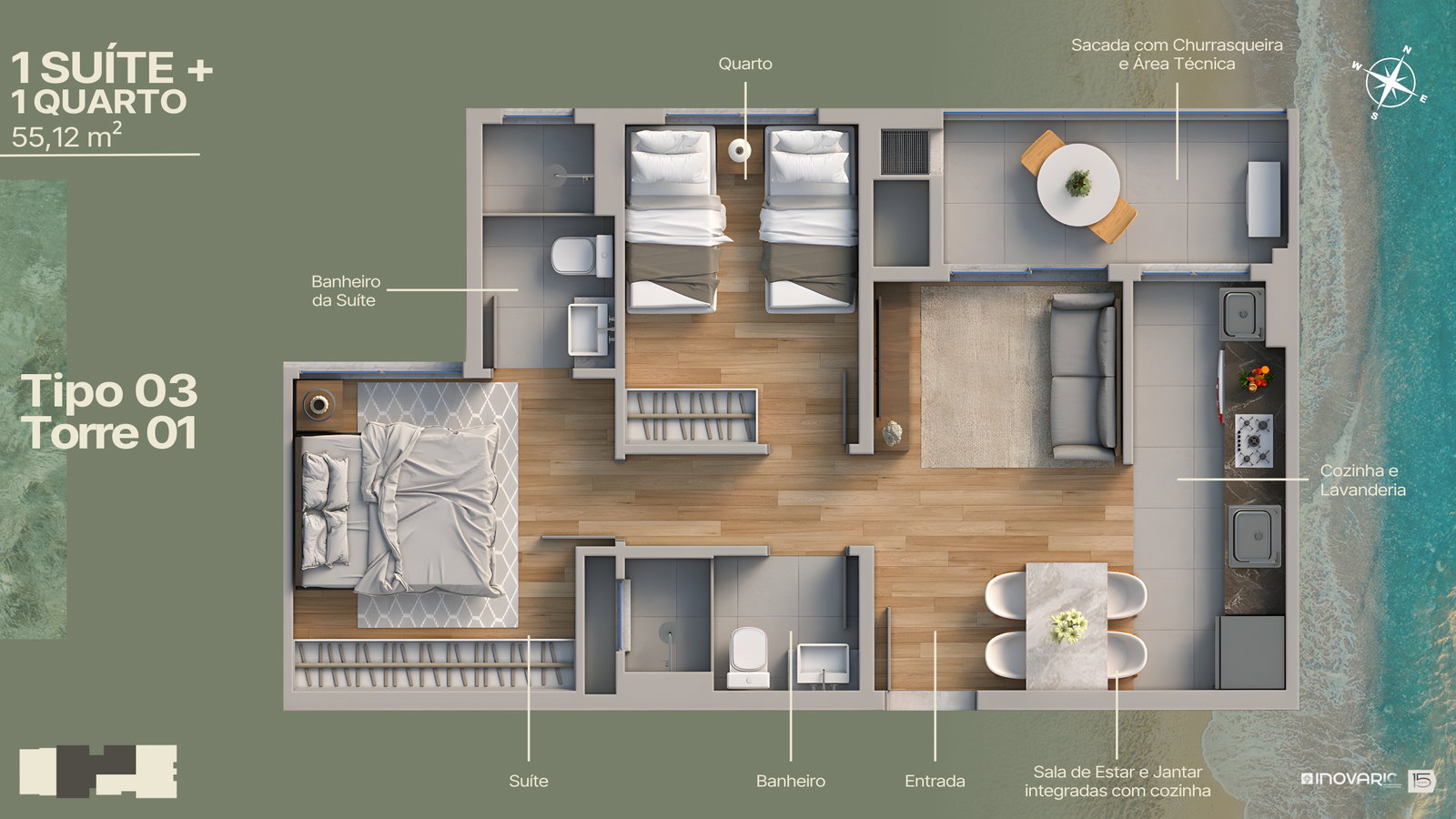 Planta Tipo 03 · Torre 1, 2 dormitórios · 1 suíte · 55 m² do Marine Itajuba