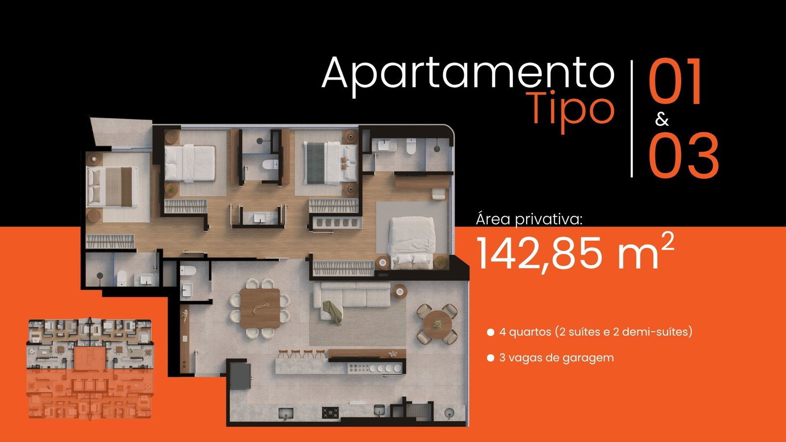 Planta Tipo 01 & 03, 4 dormitórios · 2 suítes · 143 m² do GT.Home | La Città