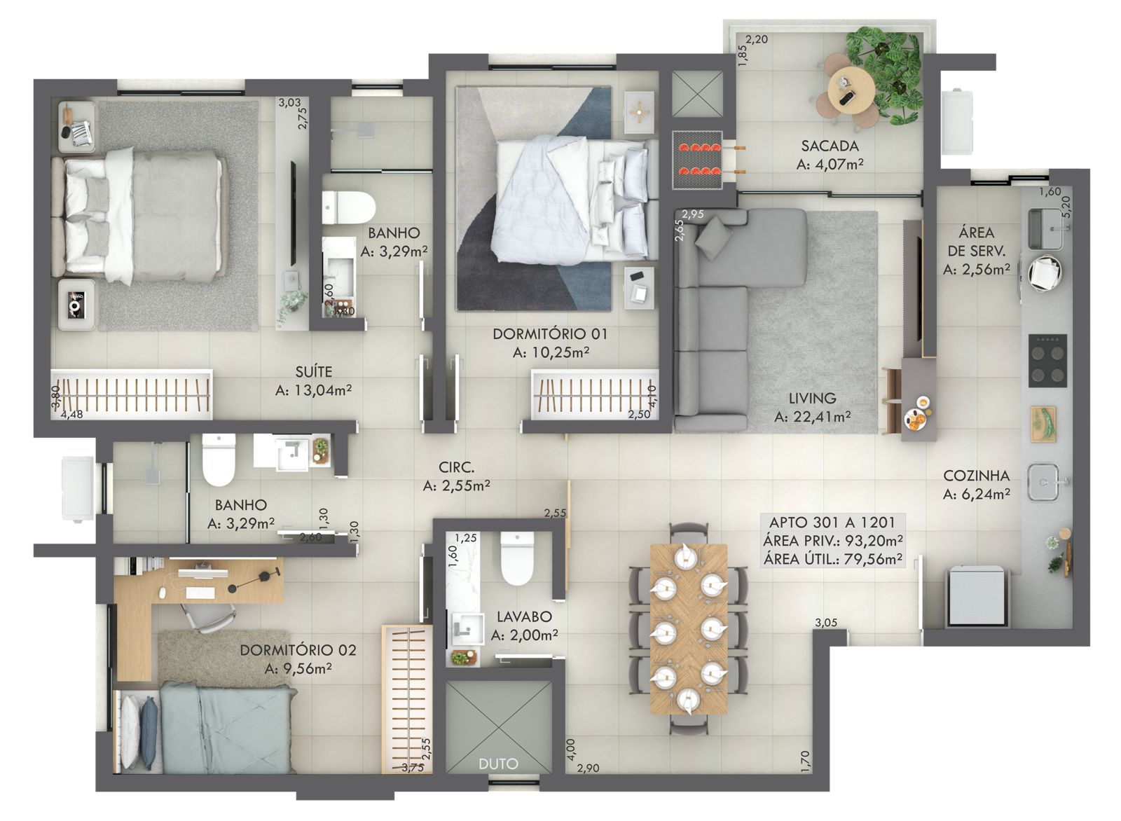 Planta Apto 301 a 1201, 93 m² do Gran Michel Residence
