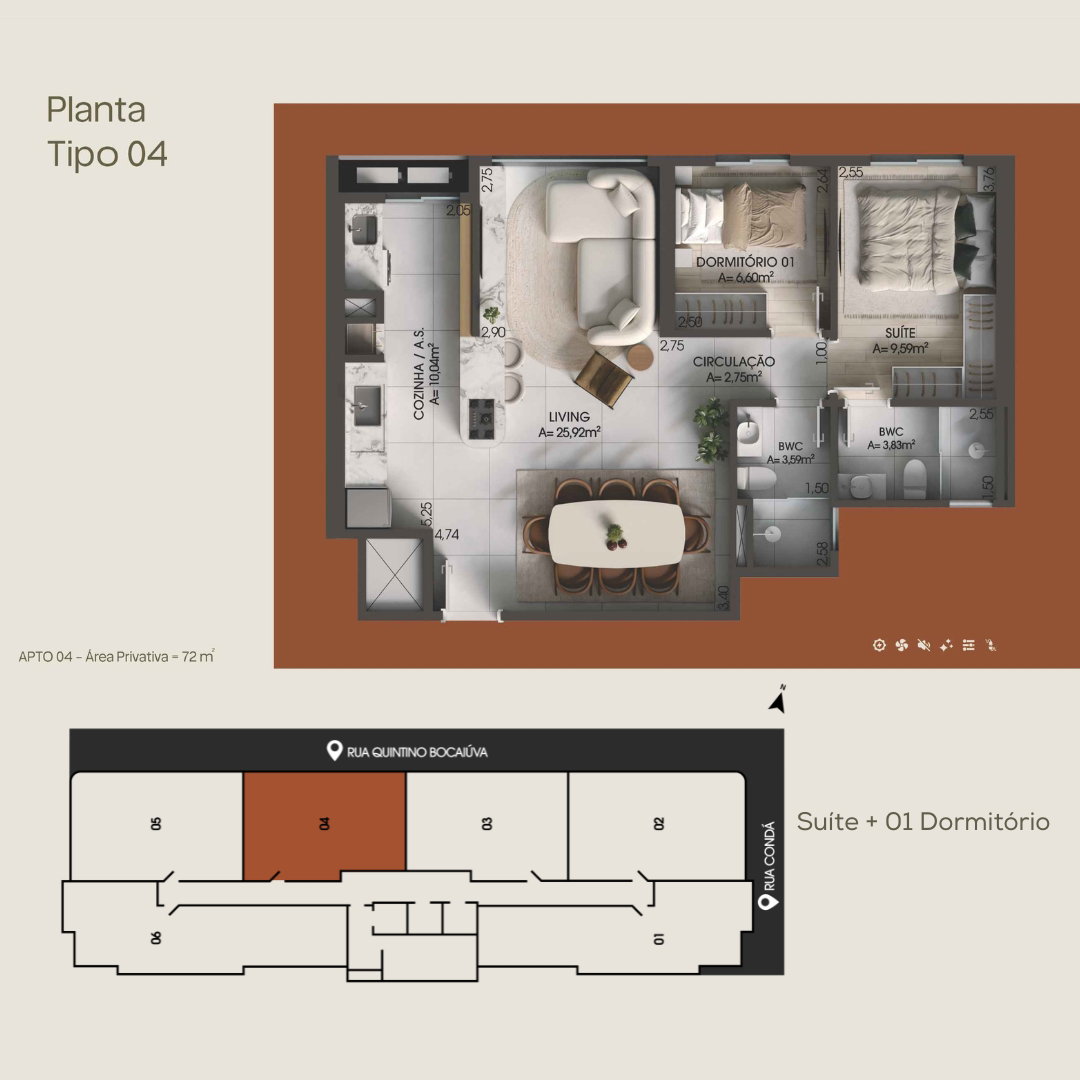 Planta Tipo 04, 2 dormitórios · 1 suíte · 72 m² do Fare
