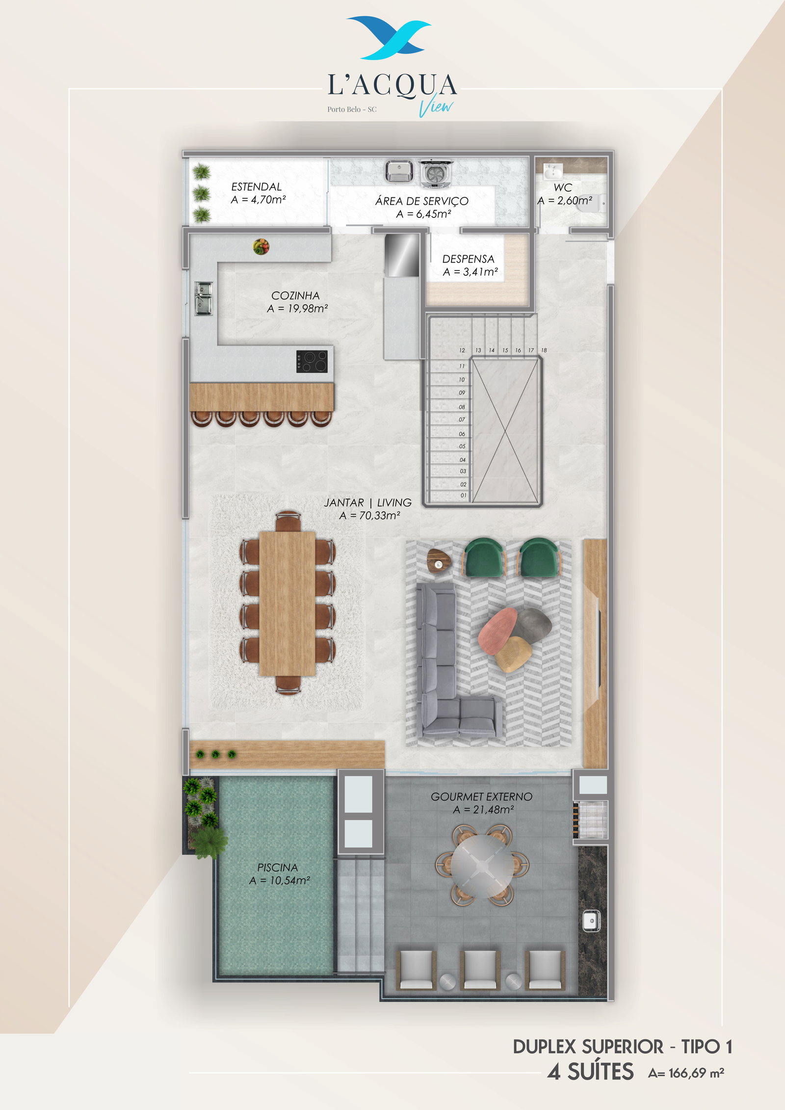 Planta Duplex Superior - Tipo 1, 4 suítes · 167 m² do L'Acqua View