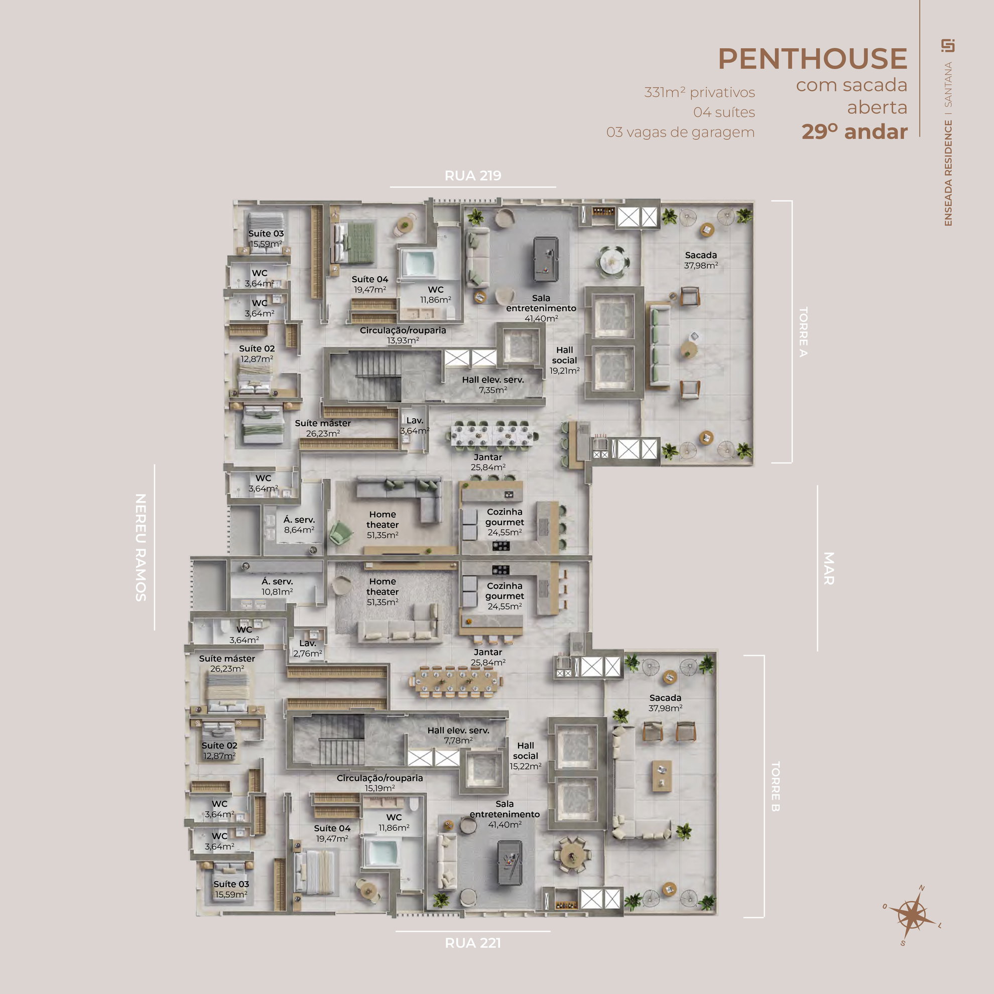Planta Penthouse (4 de 4), 4 suítes do Enseada Residence