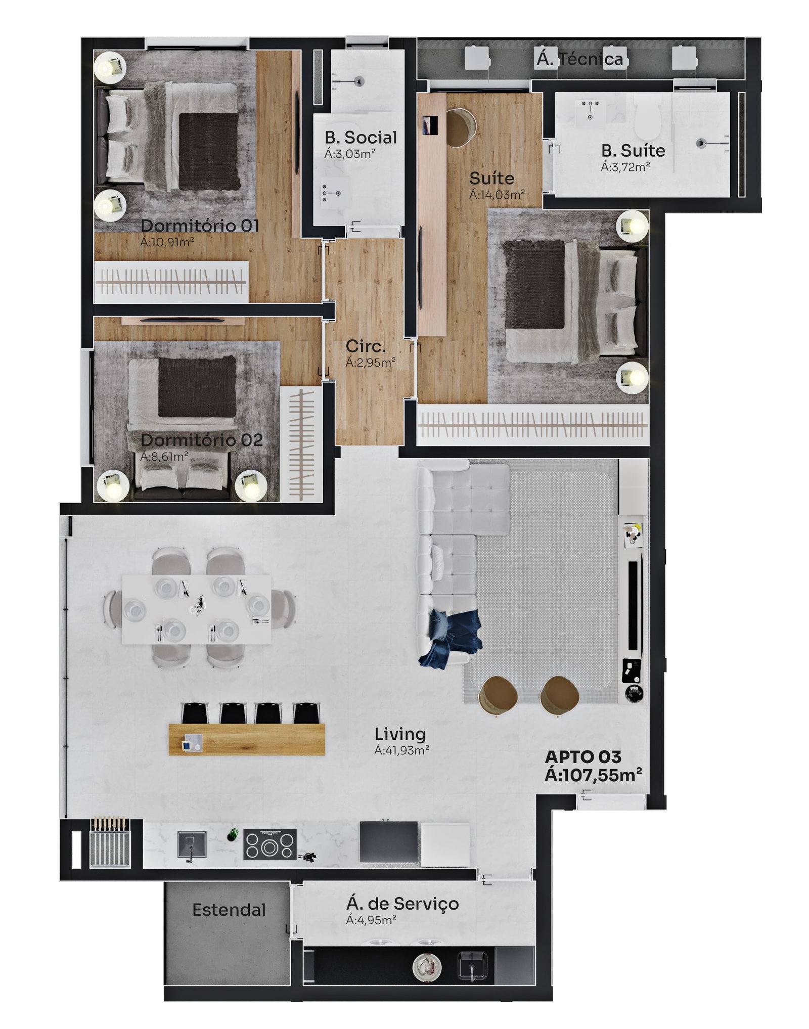 Planta Apto 03, 108 m² do Edifício Florença