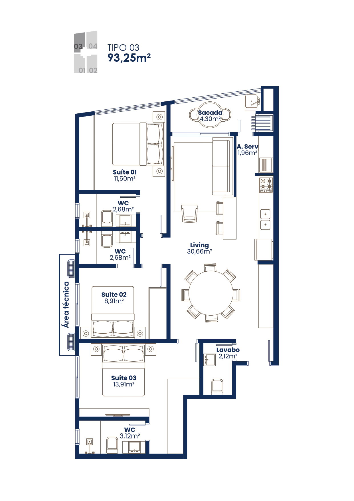 Planta Tipo 03, 93 m² do Amalfi Residence