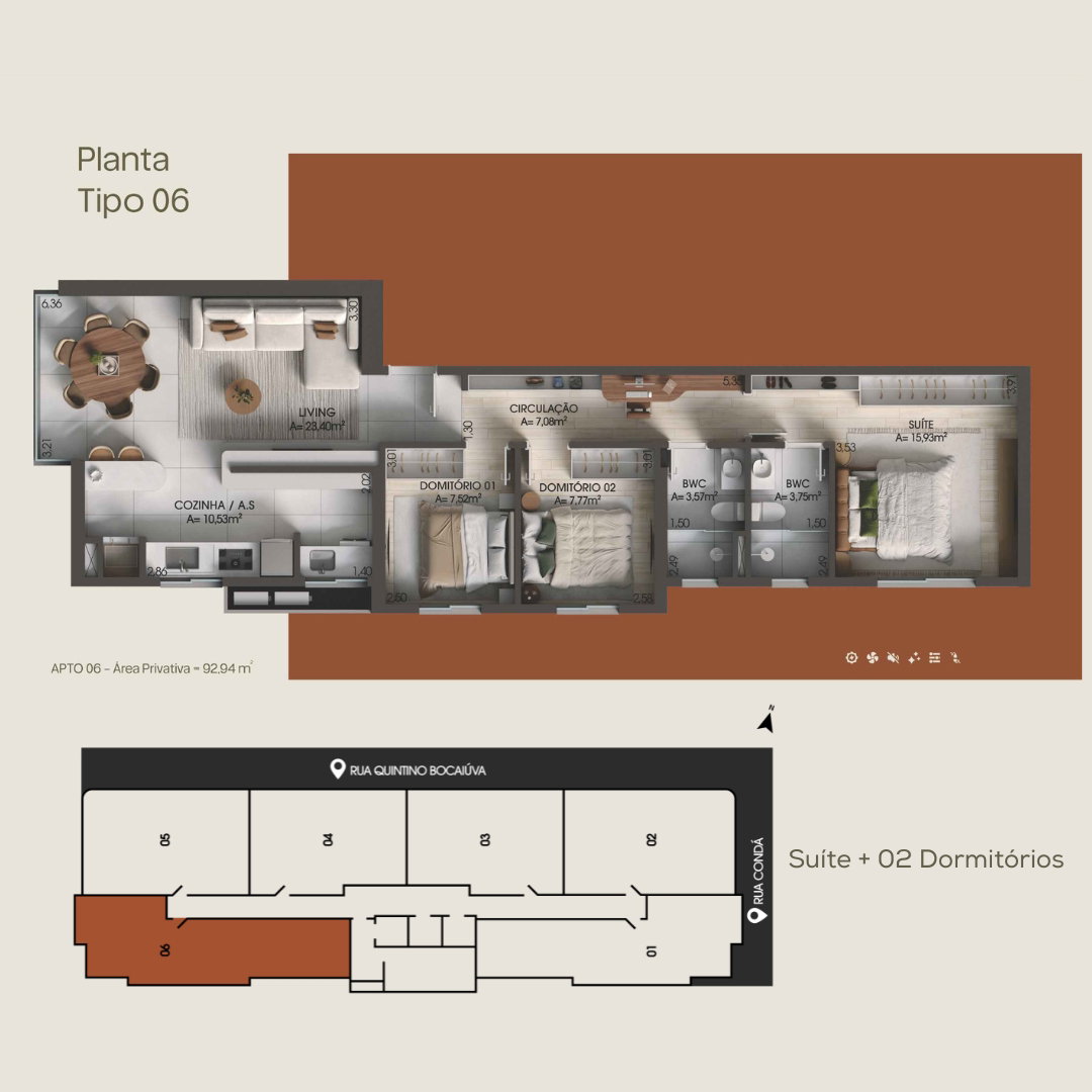 Planta Tipo 06, 3 dormitórios · 1 suíte · 93 m² do Fare